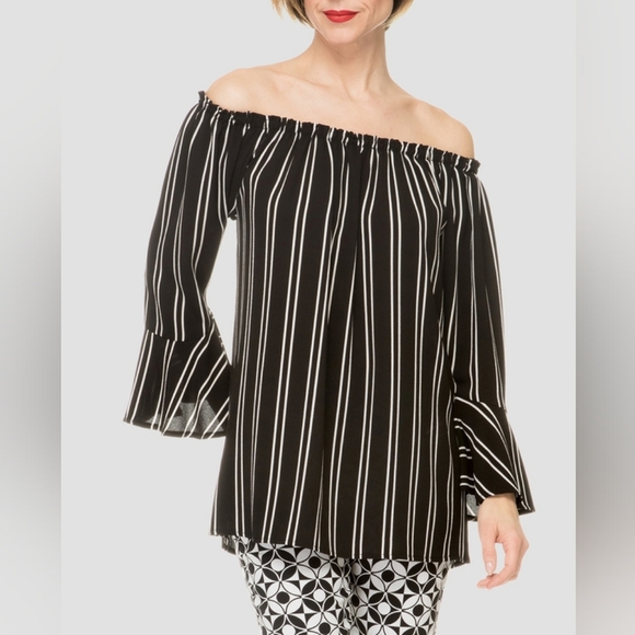 Joseph Ribkoff Black White Stripe Top Off Shoulder Bell Sleeves Size 6 Travel - Picture 1 of 8